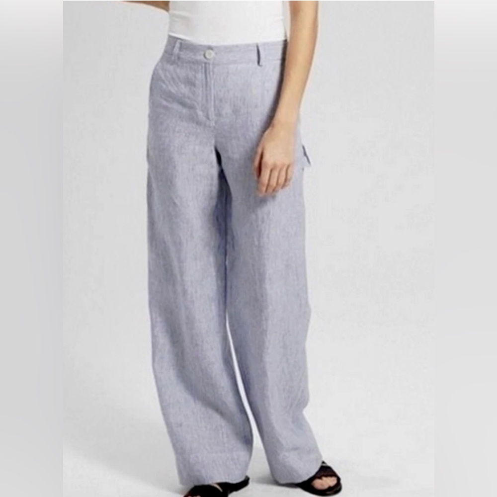 Theory Womens Striped 100% Linen Wide Leg Carpenter Pants Blue/White Retail $295